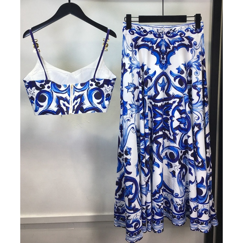 American Women's Summer New Blue And White Pottery Printed Suspender Top Two-piece Skirt Casual Large Sexy Suit
