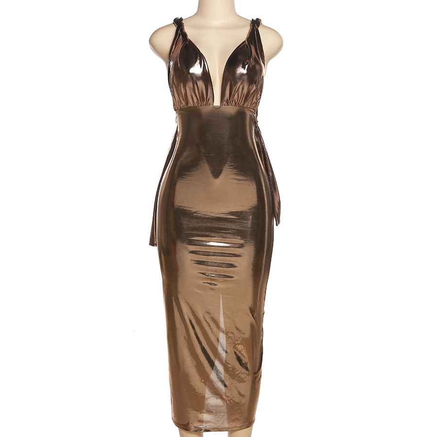 Kliou K22d25430 Fashion V Neck Sleeveless Women Elegant Casual Dresses Hollow Out Stretch Backless Maxi Dress Ladies