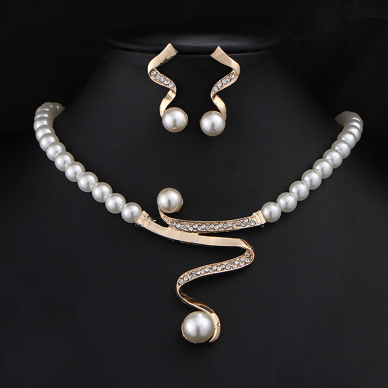 Risingmoon Ensemble De Bijoux Vintage Pearl Wedding Bridal Crystal Necklace Earrings Bridal Jewelry Set 