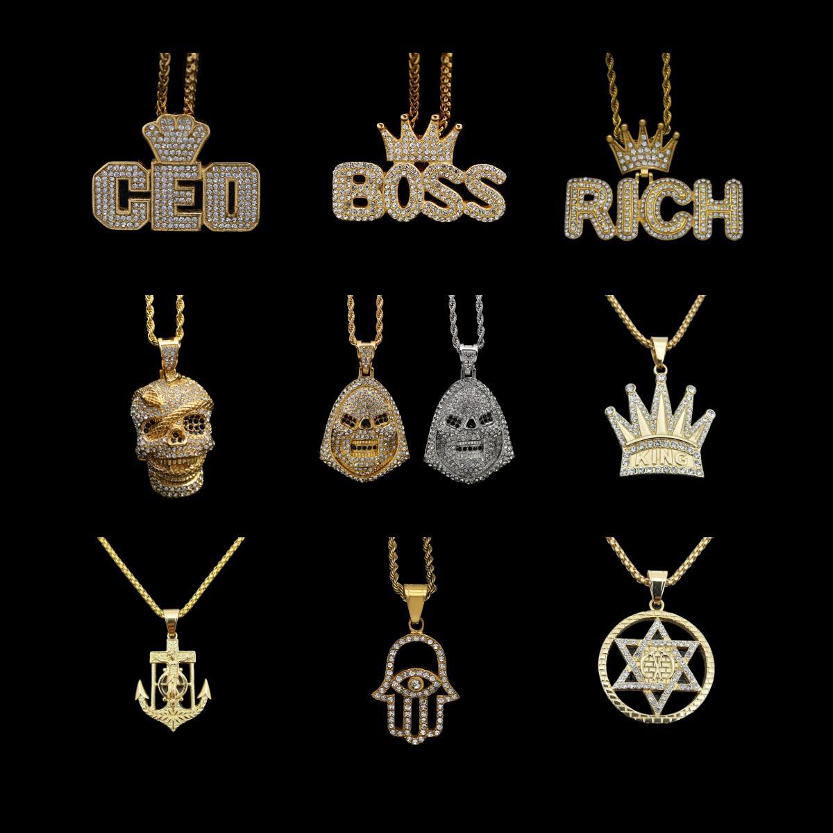 Wholesale Fashion Stainless Steel Pendant Jewelry Crystal Rhinestone Necklace Devil's Eye Pendant Hiphop For Men 