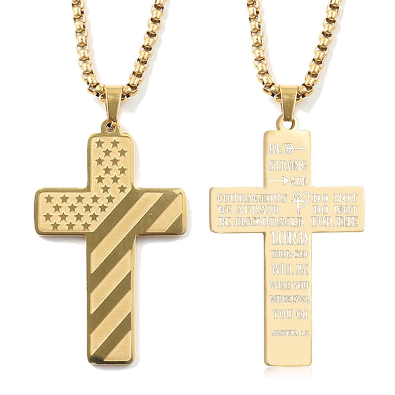 Fashion Jewelry Cross Necklace Bible Verse Stainless Steel American Flag Pendant Chain For Boys Men 
