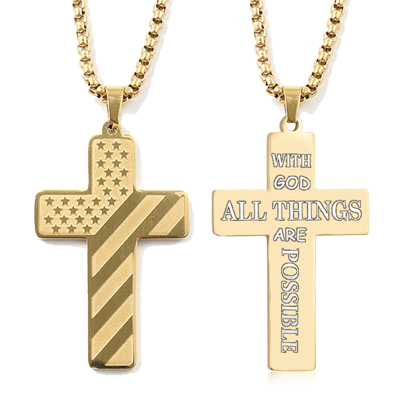 Fashion Jewelry Cross Necklace Bible Verse Stainless Steel American Flag Pendant Chain For Boys Men 
