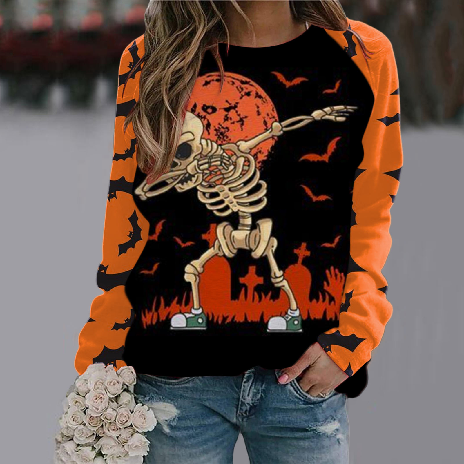Halloween T Shirt Women Fashion T-shirt Long Sleeve Tops Tees Halloween Tshirt Women's Clothing Horror Tshirt Pumpkin