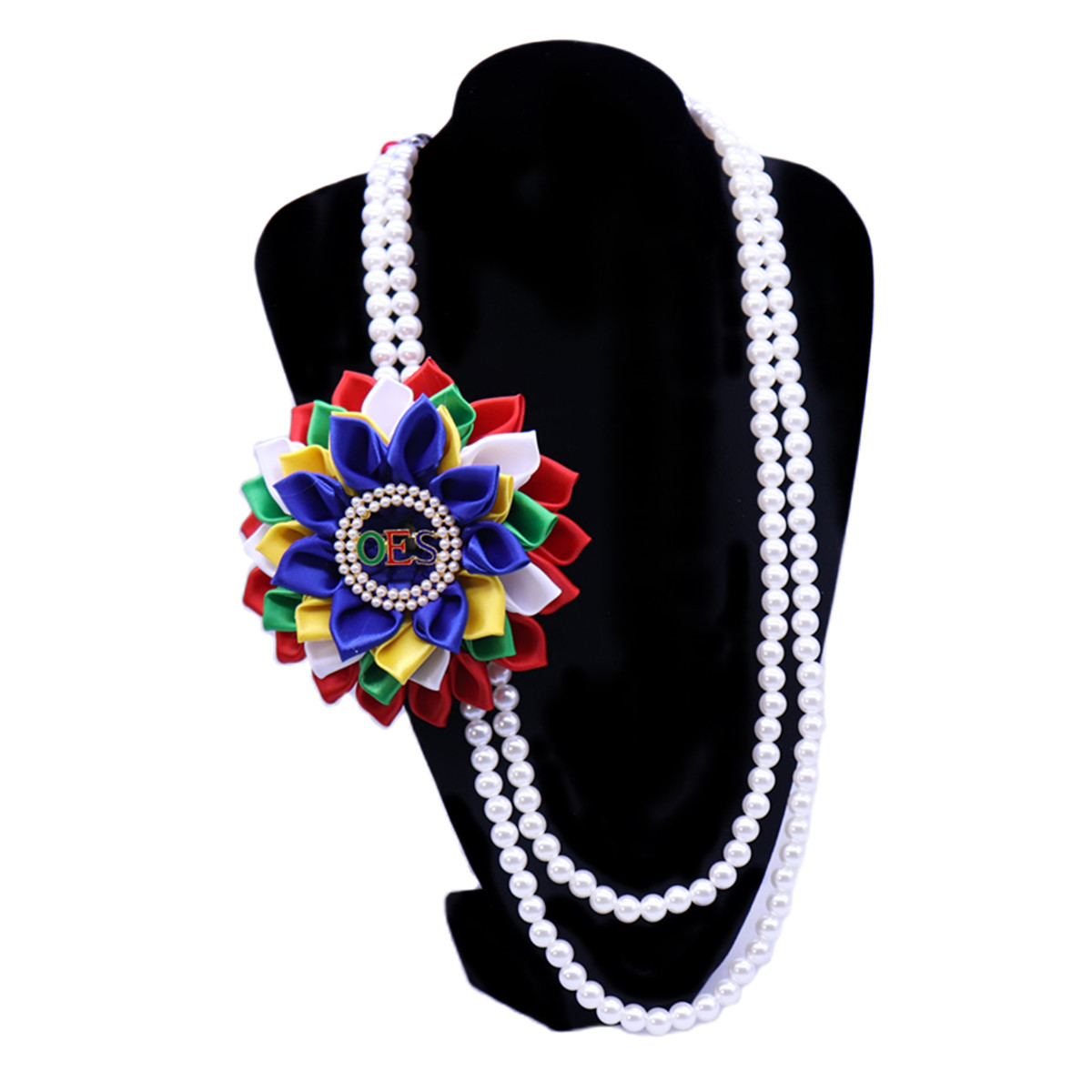 Women Service Organization Crafts Flower Pearl Jewelry Colorful Satin Petals And Enameled Letter Oes Sorority Necklace 