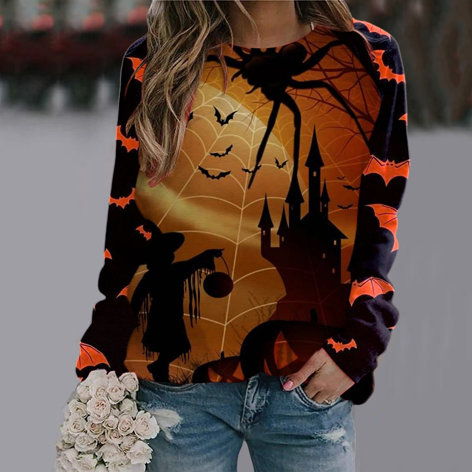 Halloween T Shirt Women Fashion T-shirt Long Sleeve Tops Tees Halloween Tshirt Women's Clothing Horror Tshirt Pumpkin