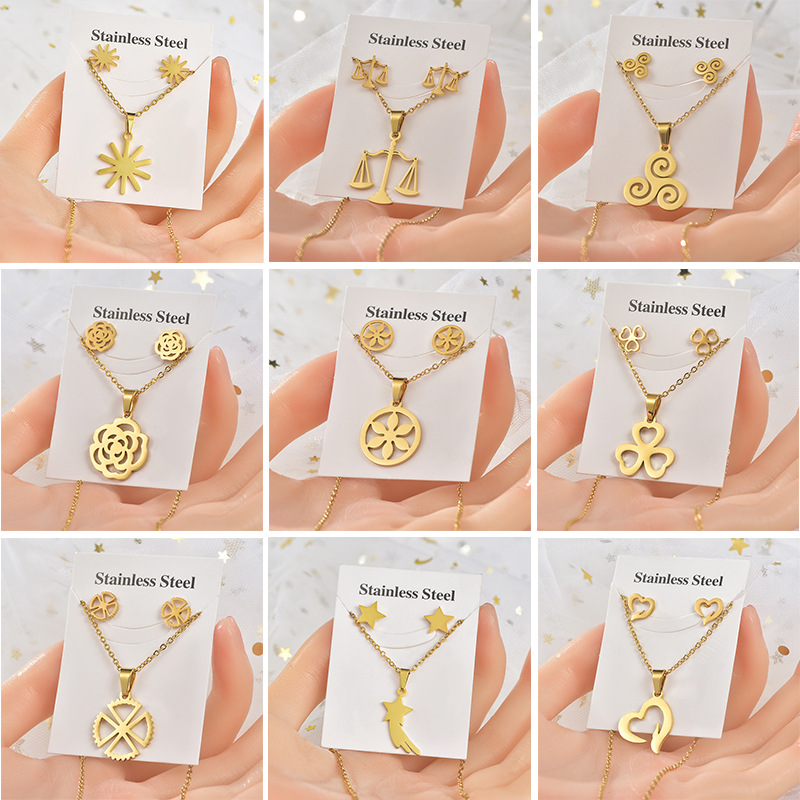 Jewelry Fashion Necklaces For Women Stainless Steel Necklace Earrings Two-piece Set 