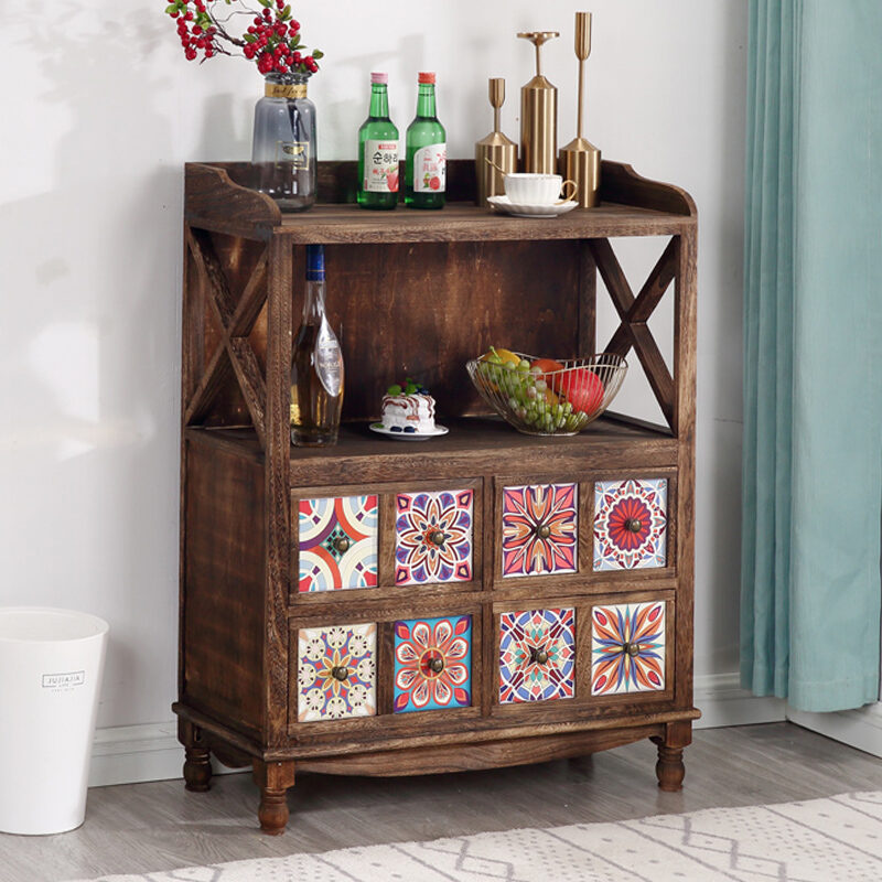 American-Style Solid Wood Sideboard Vintage Painted Chest of Drawers Living Room Locker Multi-Functional Tea Cabinet Wall Storage Cabinet