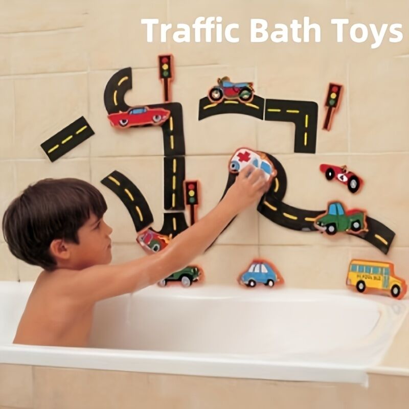 Bath Time Fun & Learning with 23-Piece Traffic Puzzle Bath Toys for Kids Age 2+
