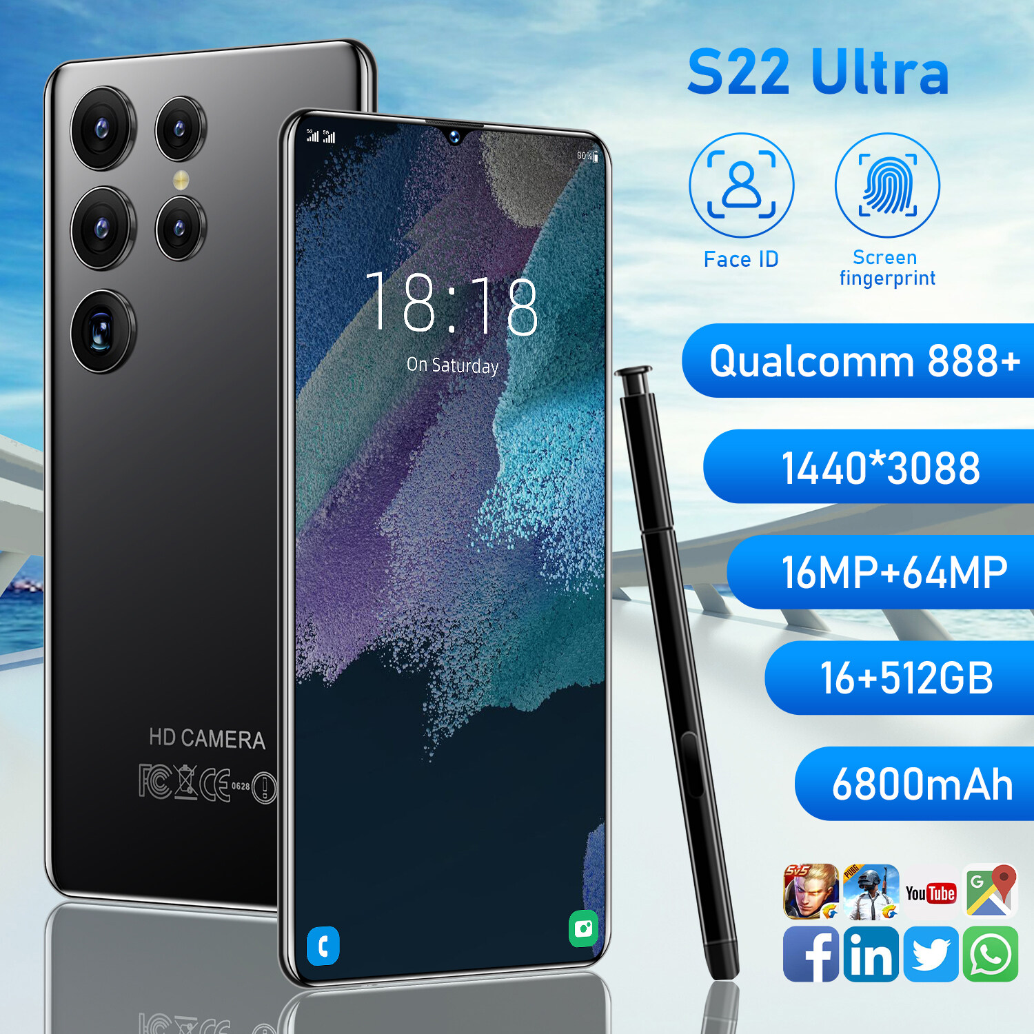 【original ready】Original phone S22 Ultra S22Ultra 6.8 Inch hp 16G RAM 512G ROM 16MP 64MP 6800mah cheap cellphone washing warehouse Android 12.0 AI powered Face Recognition Unlocked Mobile Phones Qualc