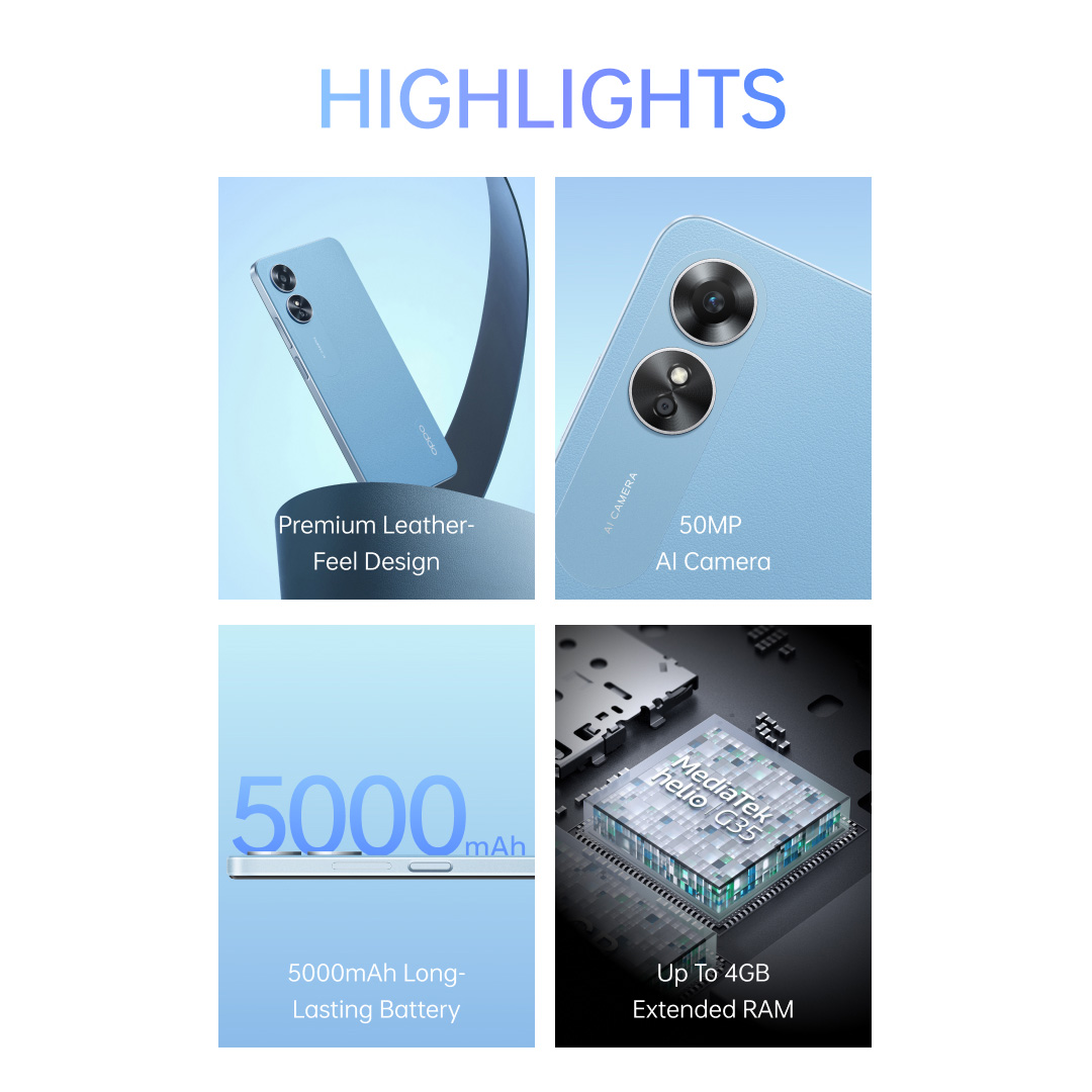 OPPO A17 / Premium-Leather Feel Design / 50MP AI Camera / 5000mAh Long-Lasting Battery / Up to 4GB Extended RAM