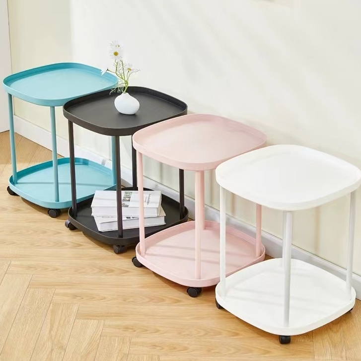 Movable double-layer living room side table 43 x 43 x 54cm storage rack beside table with wheels