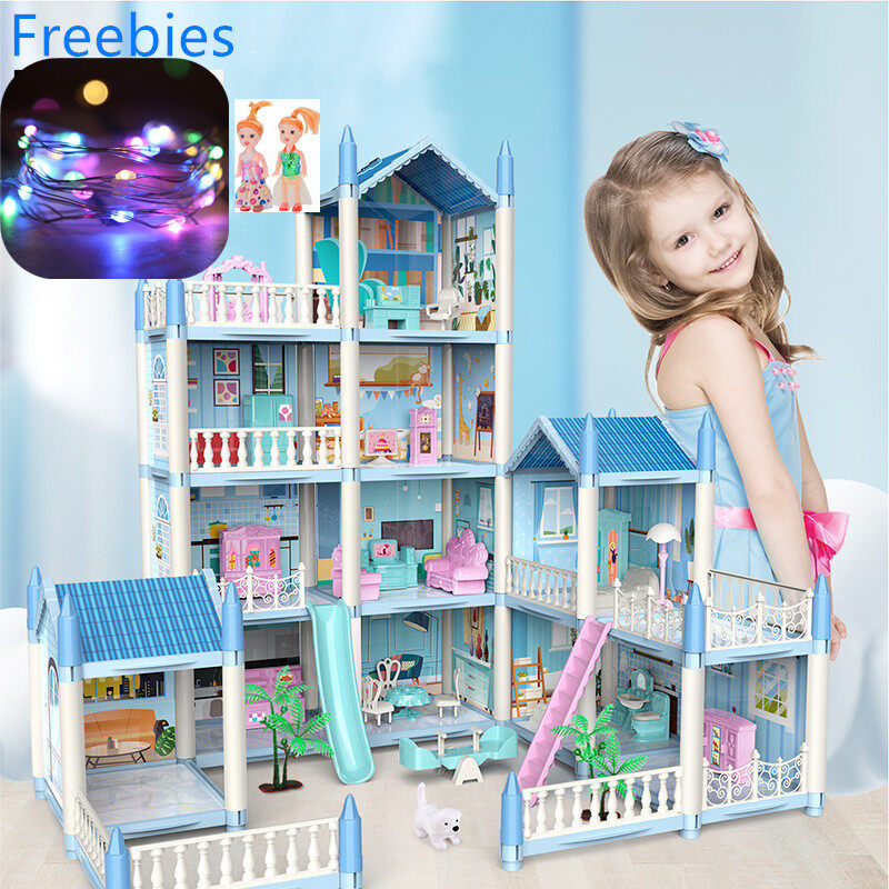 [Free Dolls+ LED ]Kids Doll House Barbie Castle DIY Kids Girl Toys Dollhouse Best Gift Model Frozen Assembling Dream Villa