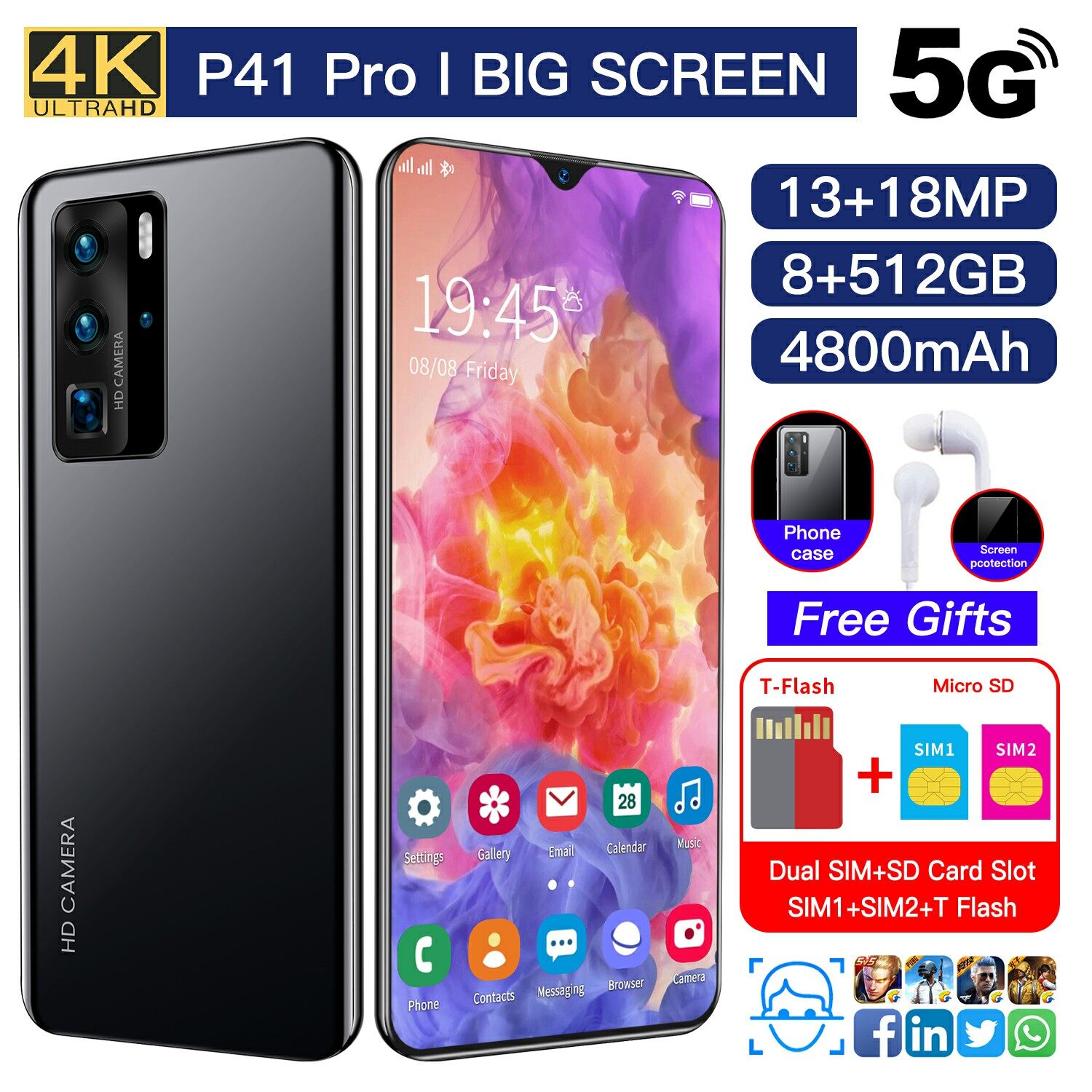 P40 Pro Handphone Original Murah Gila Smartphone 6GB RAM 128GB ROM 4G Phone 5.5-inch High-Definition Screen 4800mAh Large Battery And Strong Performance, facial recognition,  Free shipping