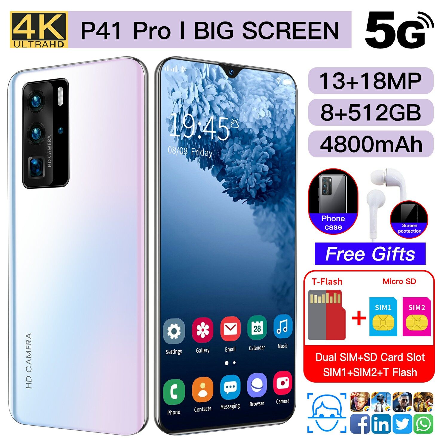 P40 Pro Handphone Original Murah Gila Smartphone 6GB RAM 128GB ROM 4G Phone 5.5-inch High-Definition Screen 4800mAh Large Battery And Strong Performance, facial recognition,  Free shipping