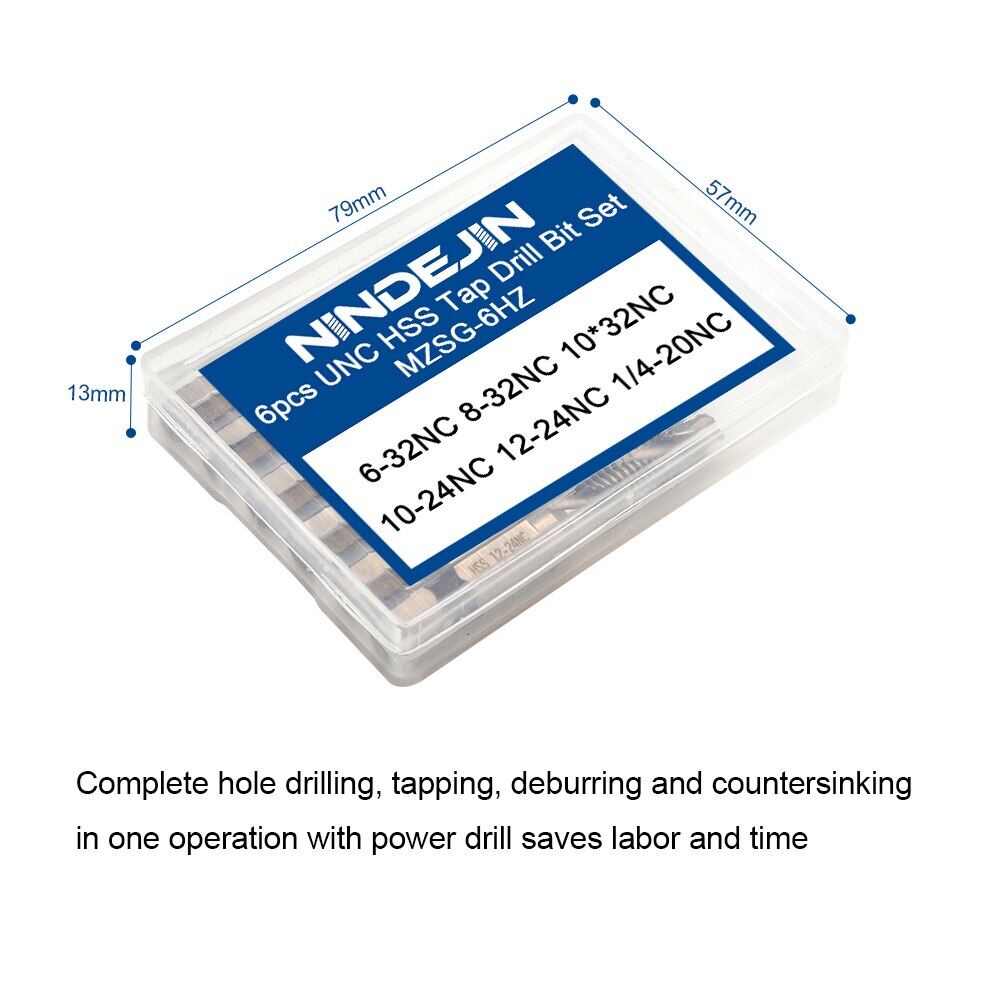 NINDEJIN 6pcs/set UNC thread screw tap drill bits set 6-32 8-32 10-24 10-32 hex shank hss tap drill bits set for metal wood