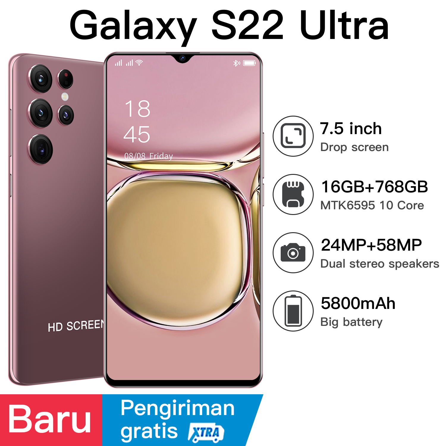 New and ready new Sansung Gaxlay S22 Ultra 5G Handphone 7.5 inch full HD+ Screen Smartphone ram 16GB rom 768Gb 24MP+58MP Global Version Android 10 AI power Phone 5800mAh Support Google Face Unlock 5G 