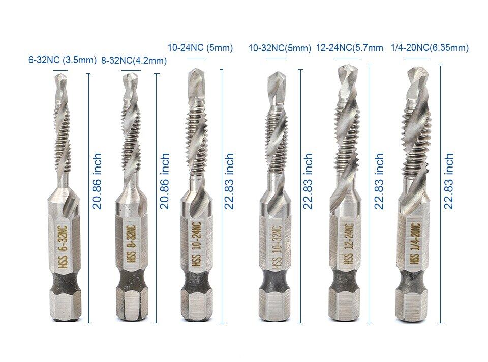 NINDEJIN 6pcs/set UNC thread screw tap drill bits set 6-32 8-32 10-24 10-32 hex shank hss tap drill bits set for metal wood