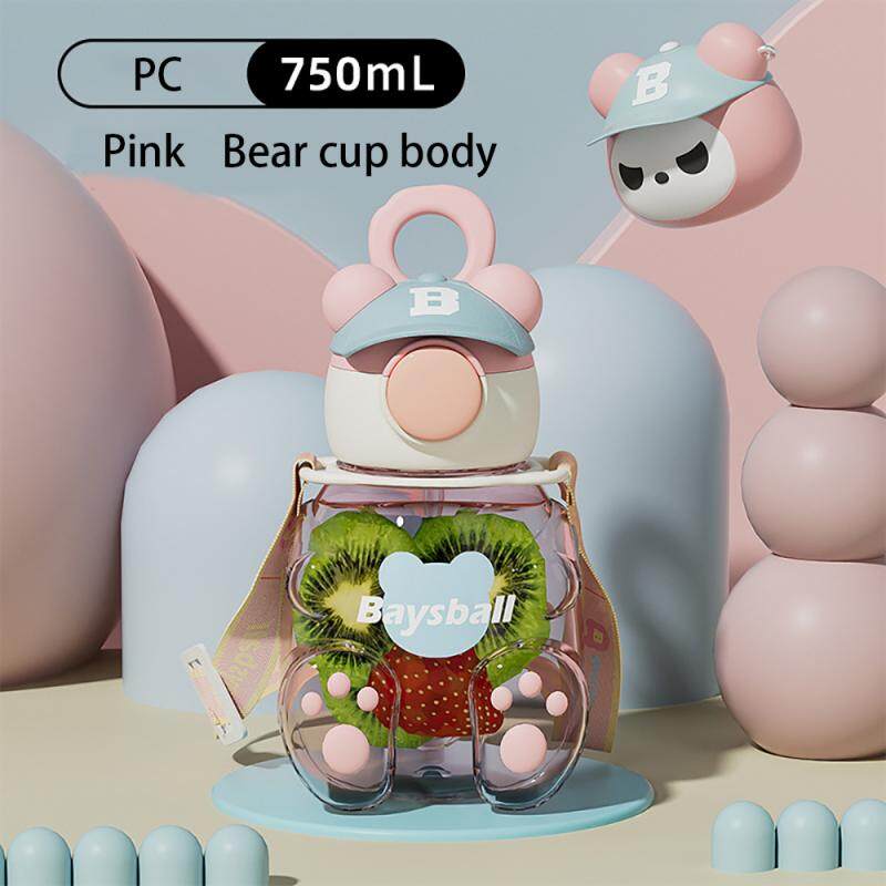 Ready stock Children's Plastic Tritan Sports WaterBottle With Straw Portable Leakproof Cute Cartoon Student Straps Water Cup BPA Free Bottle HGZ034