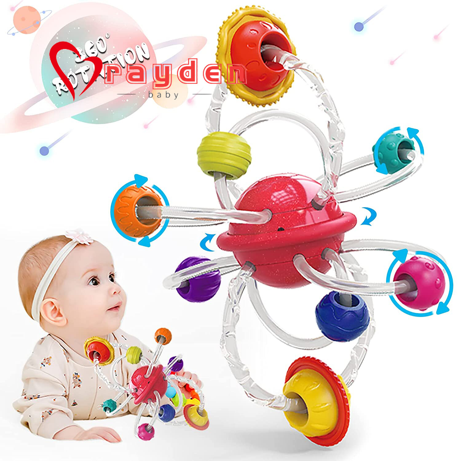 Baby Teething Toys for Babies 6-12-18 Months Textured Planet Hand Catching Ball Hand Teether Baby Rattle Toy 6 to 12 Month Multi Sensory Learning Infant Loop Toy Ball Baby Girl Boy Gift Grasp Chew Toy
