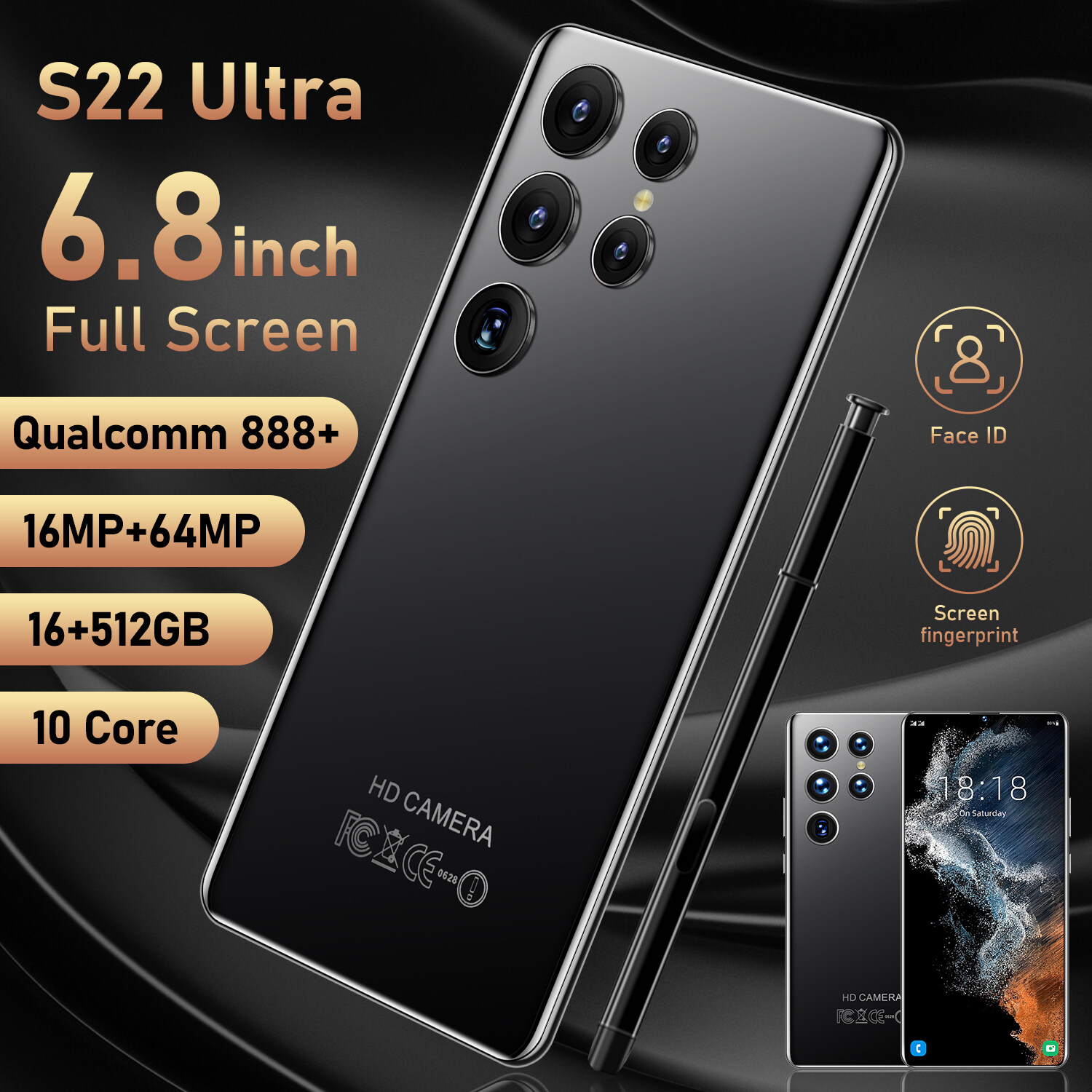 【original ready】Original phone S22 Ultra S22Ultra 6.8 Inch hp 16G RAM 512G ROM 16MP 64MP 6800mah cheap cellphone washing warehouse Android 12.0 AI powered Face Recognition Unlocked Mobile Phones Qualc