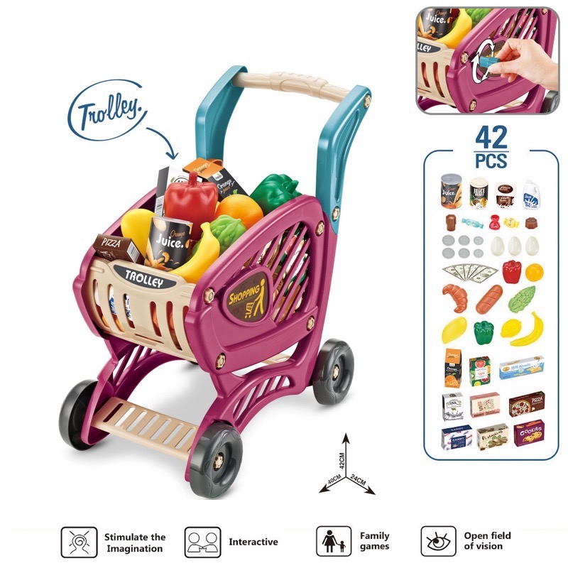 Children Shopping Carts Trolley Toy with Accessories Pretend Play Toys