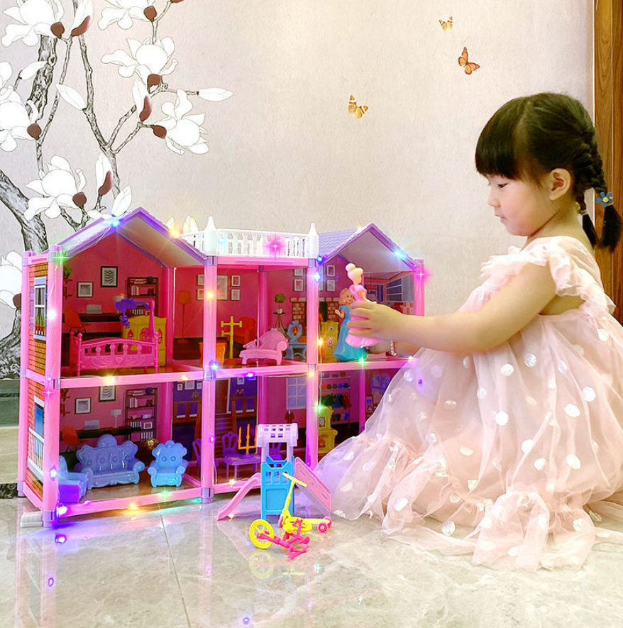 [Free 4PCS dolls + Fairy Lights] SALE Big Dollhouse Mainan Budak Perempuan Multiple Floors Girls Kids Dream Barbie Doll House with Simulation Furnitures Set DIY Toys