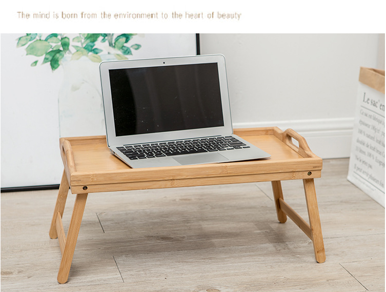 Lazy Bed Table Laptop Desk Breakfast Serving Tray with Folding Legs Foldable Bamboo Wood