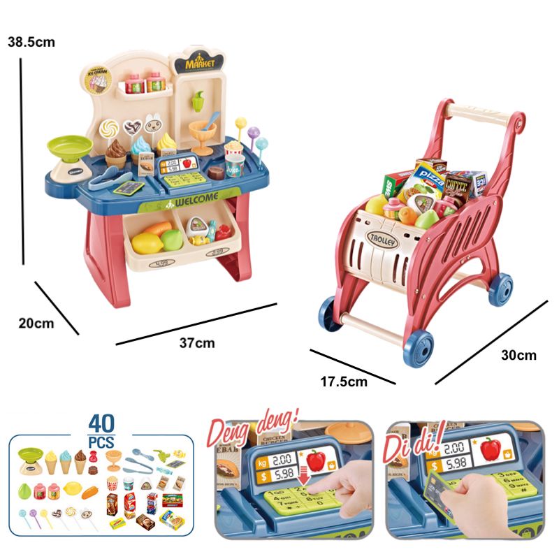 Children Shopping Carts Trolley Toy with Accessories Pretend Play Toys