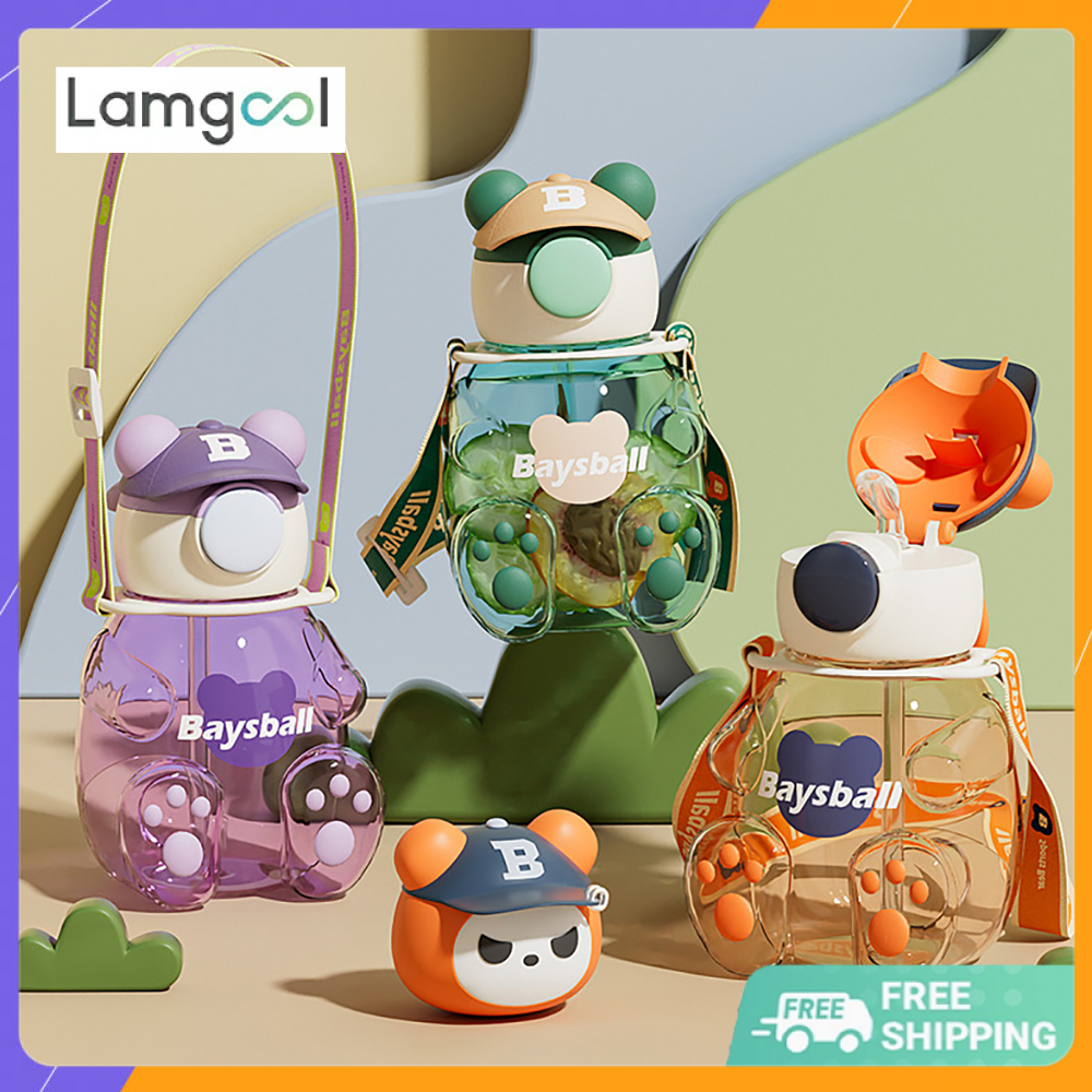 Ready stock Children's Plastic Tritan Sports WaterBottle With Straw Portable Leakproof Cute Cartoon Student Straps Water Cup BPA Free Bottle HGZ034