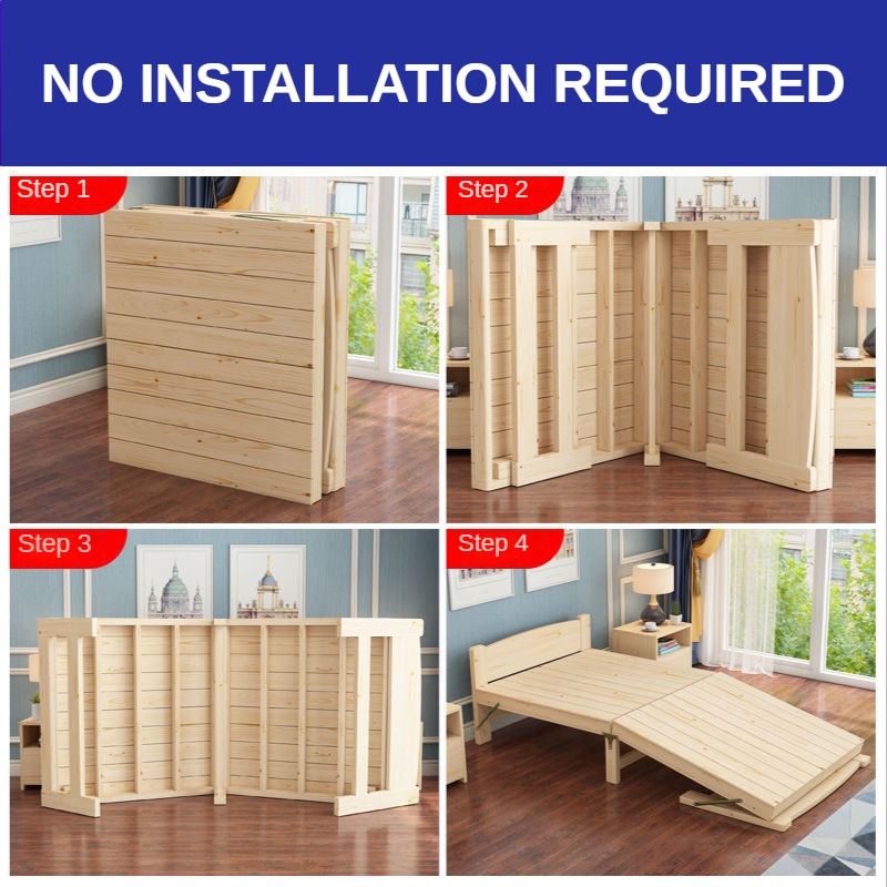 Foldable Bed Frame Solid Wood Bed single person Bed double person Bed, folding bed thickened and reinforced without installation