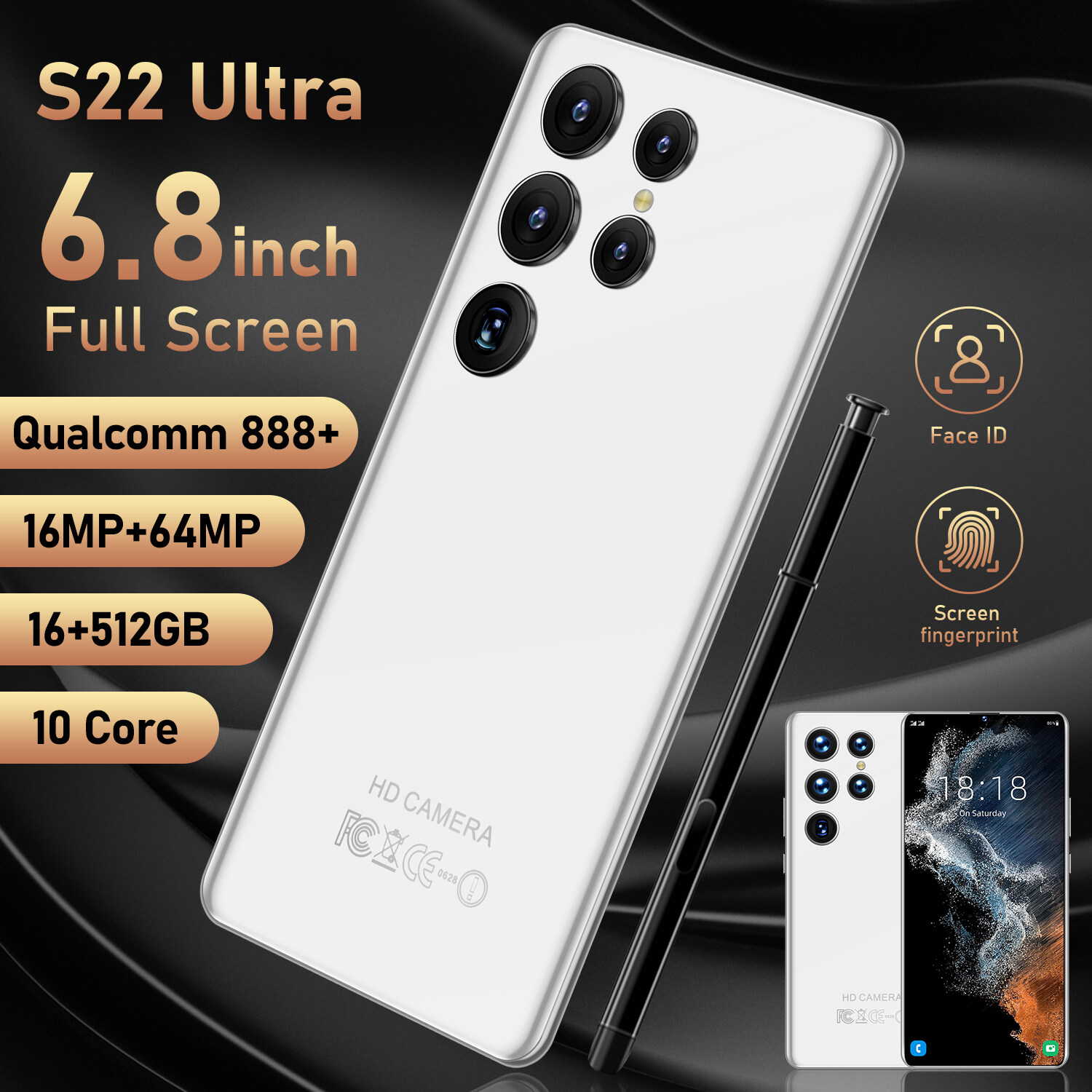 【original ready】Original phone S22 Ultra S22Ultra 6.8 Inch hp 16G RAM 512G ROM 16MP 64MP 6800mah cheap cellphone washing warehouse Android 12.0 AI powered Face Recognition Unlocked Mobile Phones Qualc
