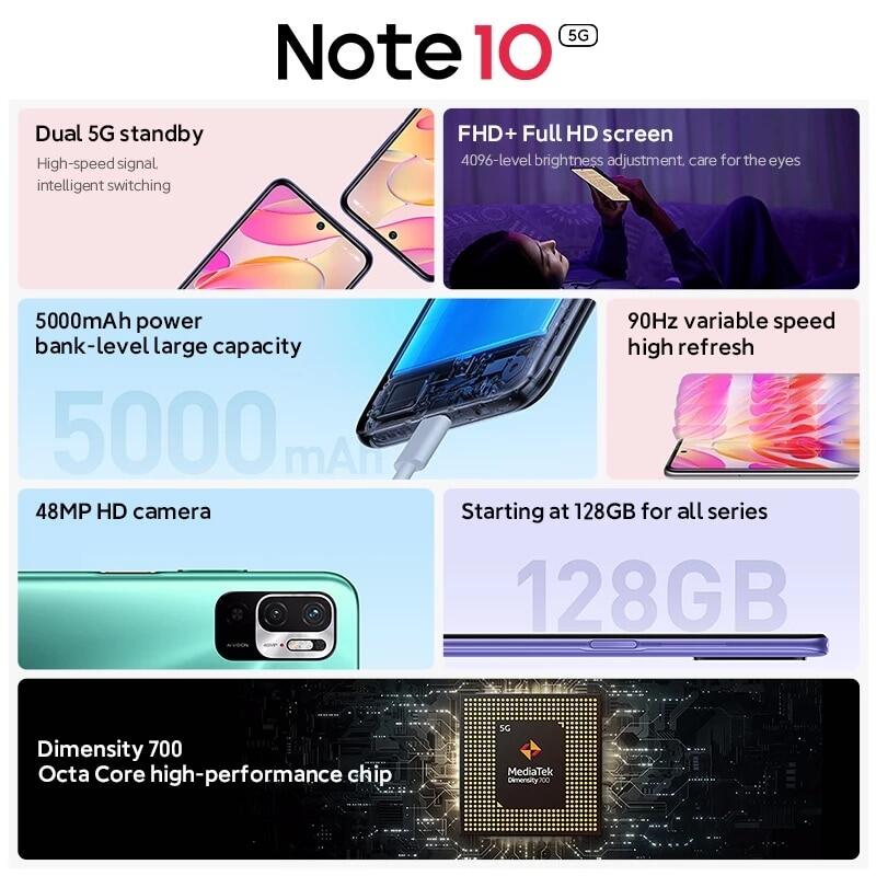 Global ROM Xiaomi Redmi Note 10 5G Dimensity 700 128GB/256GB Smartphone 7nm 90Hz 6.5" Display 48MP Camera 5000mAh  Battery
