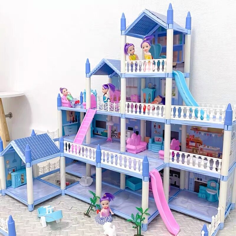 [Free Dolls+ LED ]Kids Doll House Barbie Castle DIY Kids Girl Toys Dollhouse Best Gift Model Frozen Assembling Dream Villa