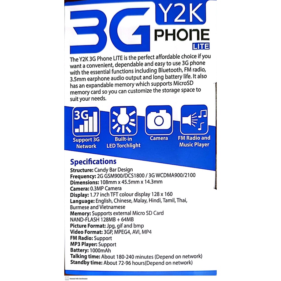 Y2K 3G Phone Lite (Use Standard Sim)(6 Months Local Warranty)