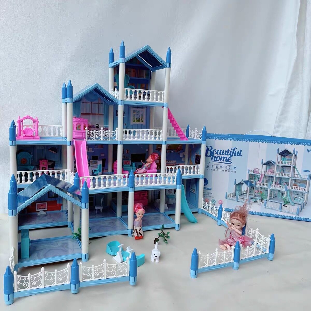[Free Dolls+ LED ]Kids Doll House Barbie Castle DIY Kids Girl Toys Dollhouse Best Gift Model Frozen Assembling Dream Villa