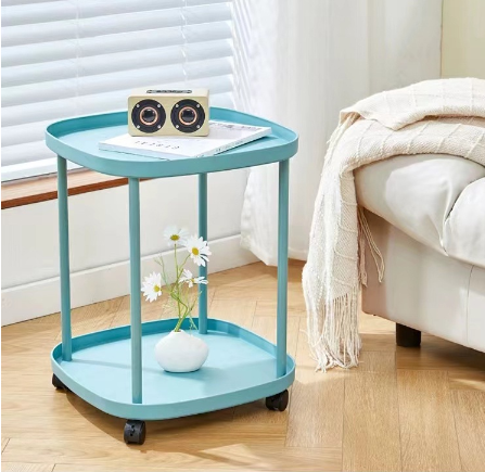 Movable double-layer living room side table 43 x 43 x 54cm storage rack beside table with wheels