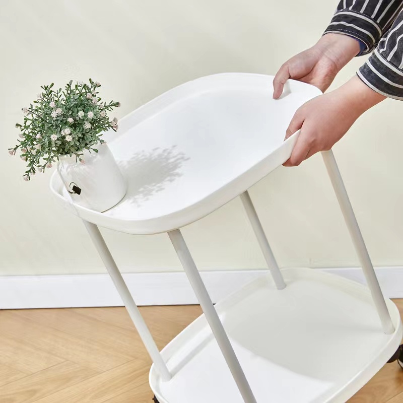 Movable double-layer living room side table 43 x 43 x 54cm storage rack beside table with wheels