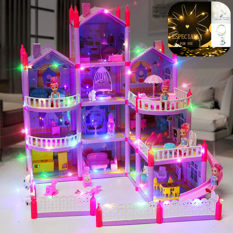 [Free 4PCS dolls + Fairy Lights] SALE Big Dollhouse Mainan Budak Perempuan Multiple Floors Girls Kids Dream Barbie Doll House with Simulation Furnitures Set DIY Toys