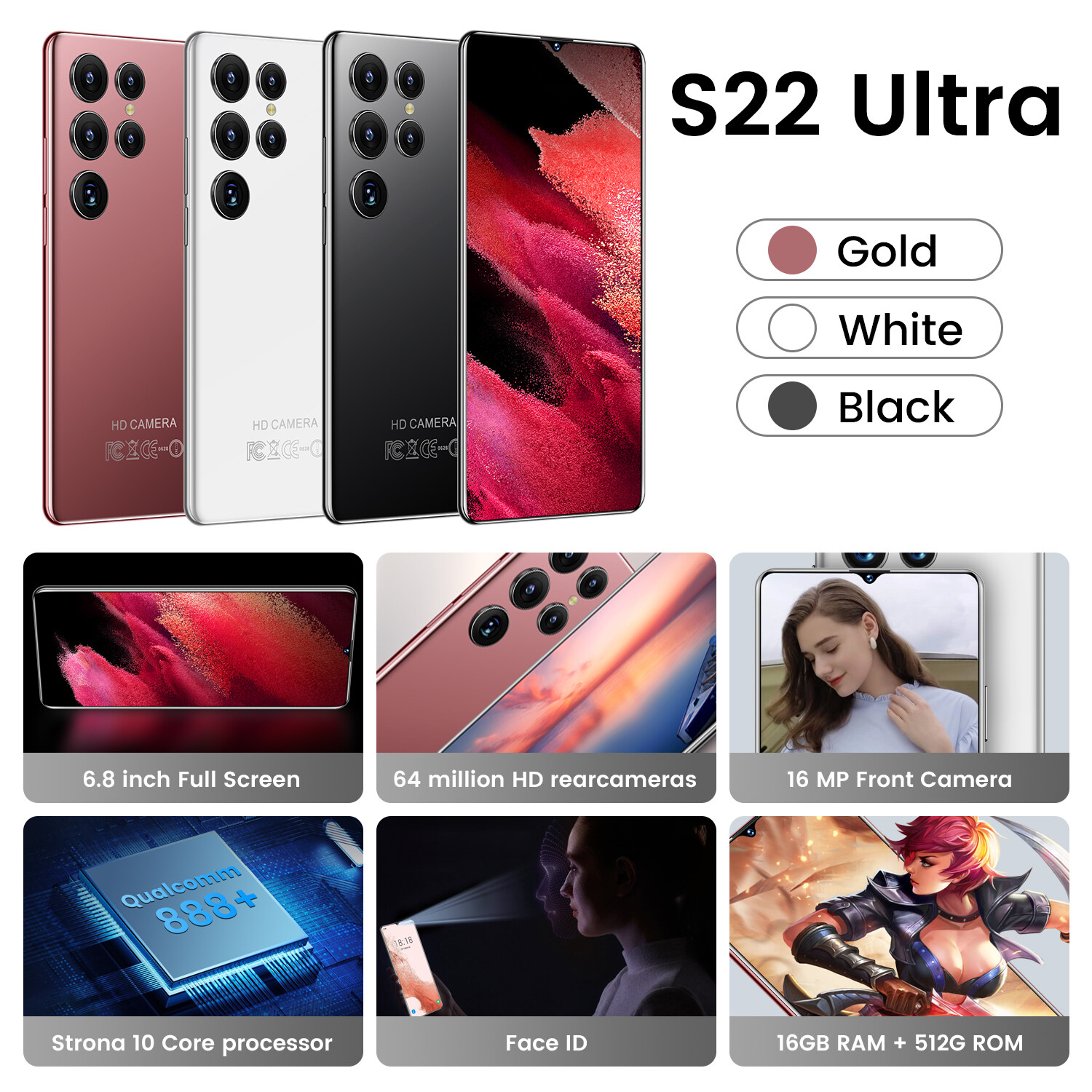 【original ready】Original phone S22 Ultra S22Ultra 6.8 Inch hp 16G RAM 512G ROM 16MP 64MP 6800mah cheap cellphone washing warehouse Android 12.0 AI powered Face Recognition Unlocked Mobile Phones Qualc