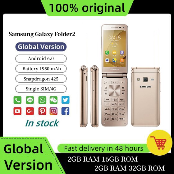 Samsung Galaxy Folder2 G160N 4G LTE Snapdragon 425 Quad Core 3.8 inches 8MP Camera WIFI Bluetooth 1950mAh Android 6.0 Single SIM Flip Mobile Phone