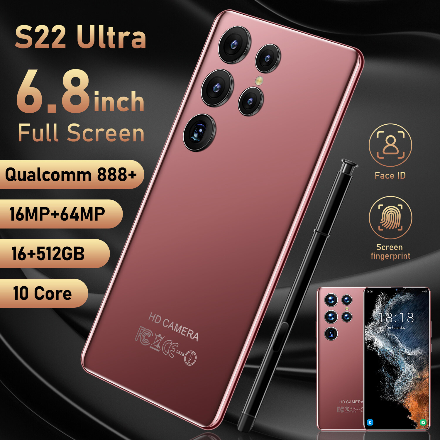 【original ready】Original phone S22 Ultra S22Ultra 6.8 Inch hp 16G RAM 512G ROM 16MP 64MP 6800mah cheap cellphone washing warehouse Android 12.0 AI powered Face Recognition Unlocked Mobile Phones Qualc