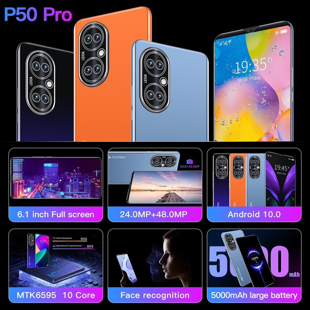 【goods in stock】NEW P50 pro Smart Phone 6.1Inch 8GB RAM+128GB ROM Dual Sim Dual Standby Face Recognition Smartphone Preferential price