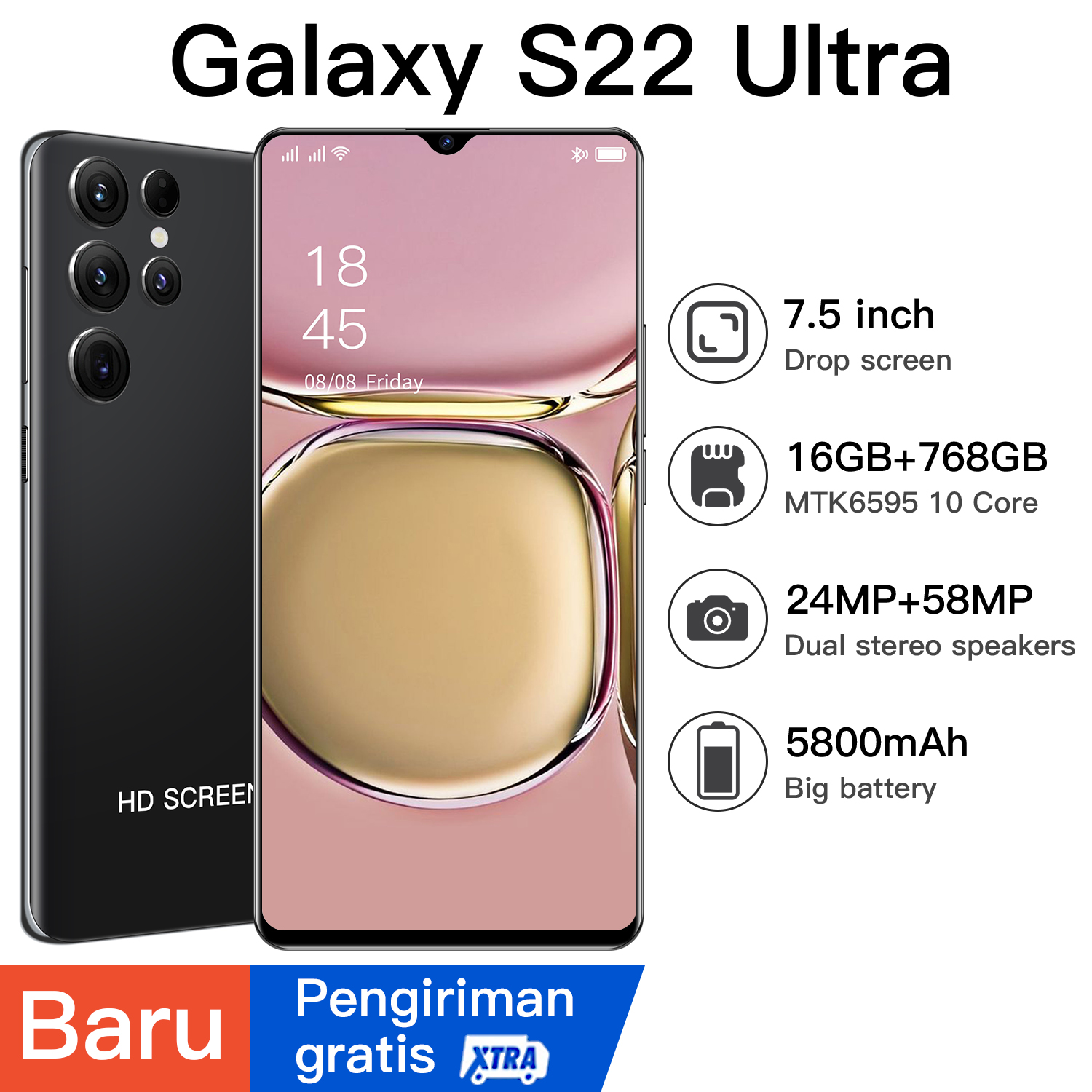 New and ready new Sansung Gaxlay S22 Ultra 5G Handphone 7.5 inch full HD+ Screen Smartphone ram 16GB rom 768Gb 24MP+58MP Global Version Android 10 AI power Phone 5800mAh Support Google Face Unlock 5G 
