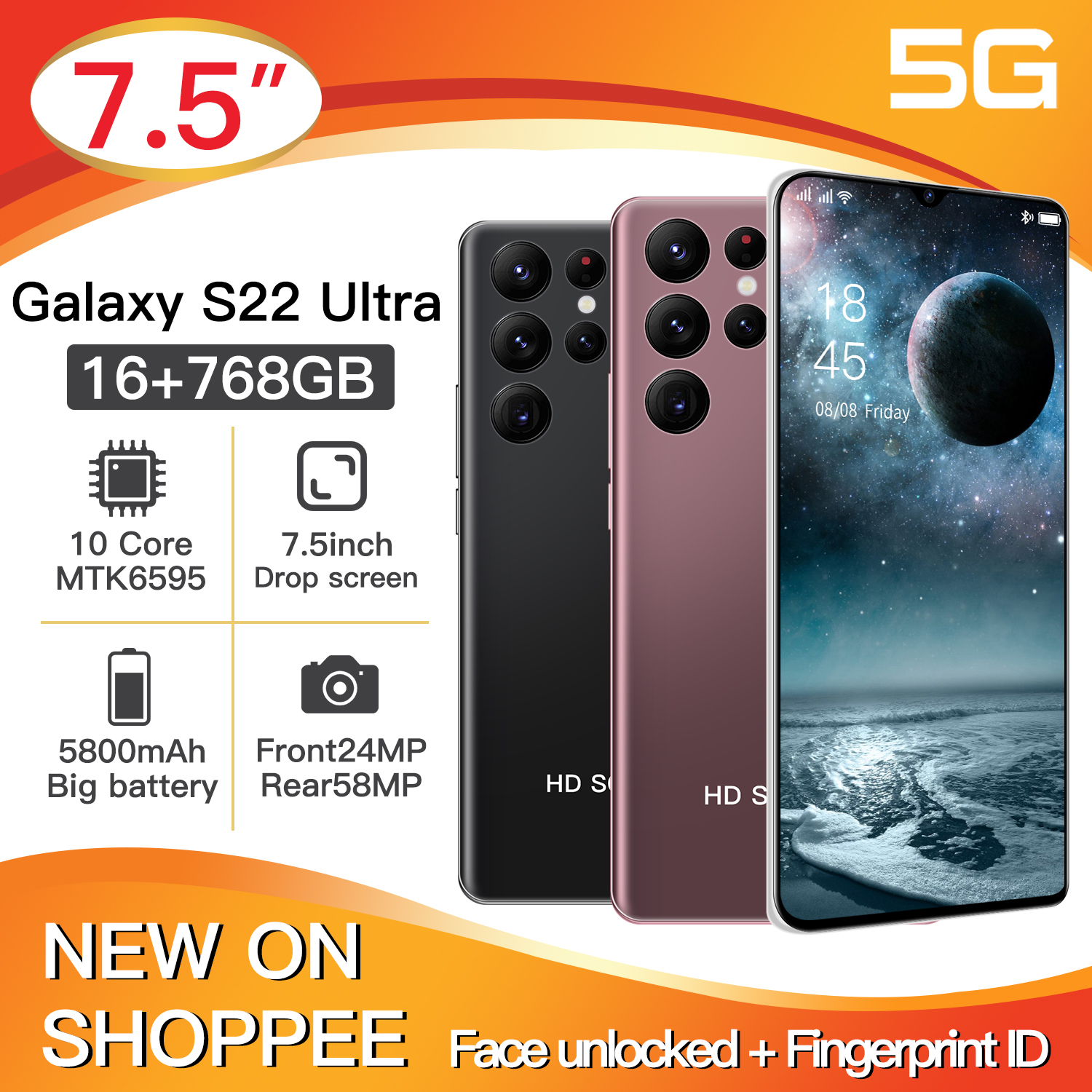 New and ready new Sansung Gaxlay S22 Ultra 5G Handphone 7.5 inch full HD+ Screen Smartphone ram 16GB rom 768Gb 24MP+58MP Global Version Android 10 AI power Phone 5800mAh Support Google Face Unlock 5G 