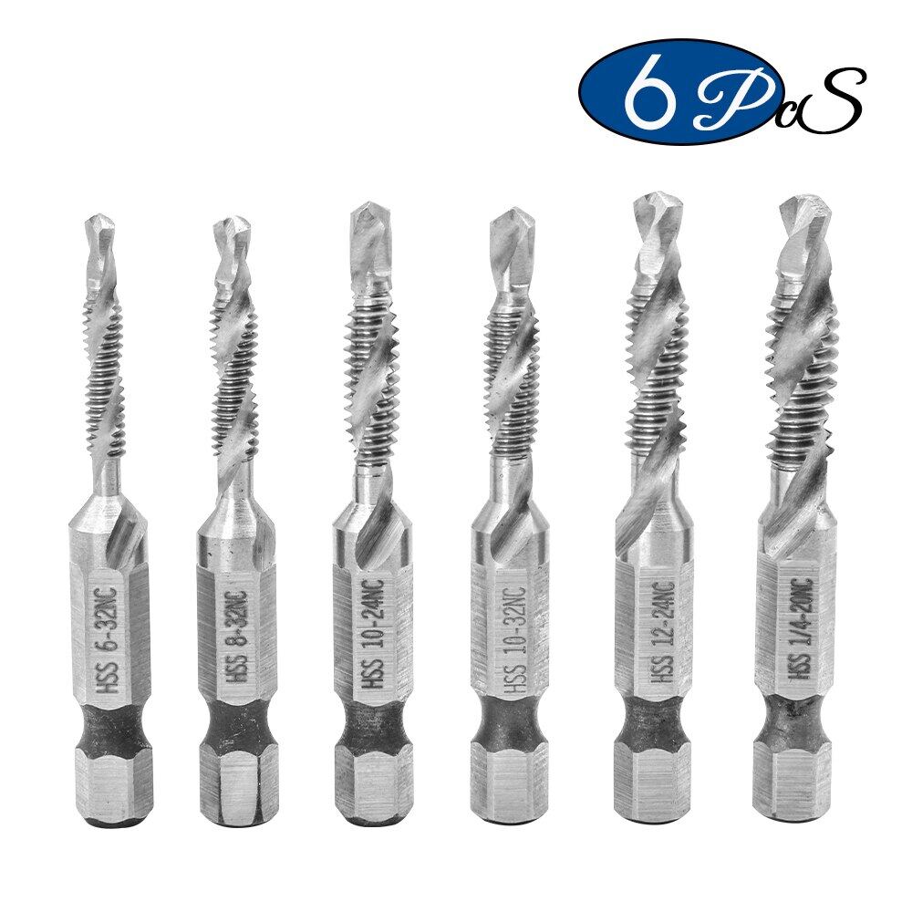 NINDEJIN 6pcs/set UNC thread screw tap drill bits set 6-32 8-32 10-24 10-32 hex shank hss tap drill bits set for metal wood
