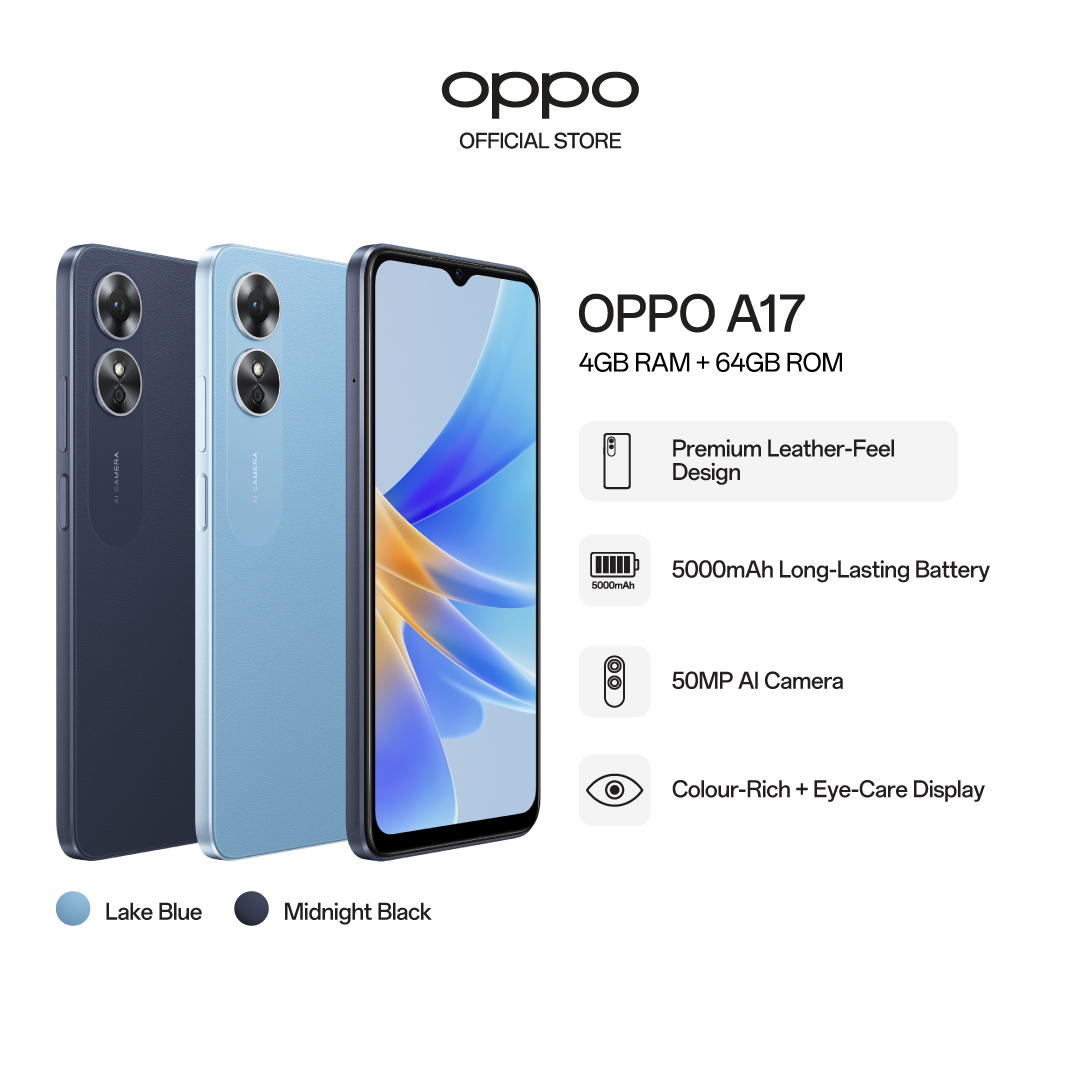OPPO A17 / Premium-Leather Feel Design / 50MP AI Camera / 5000mAh Long-Lasting Battery / Up to 4GB Extended RAM