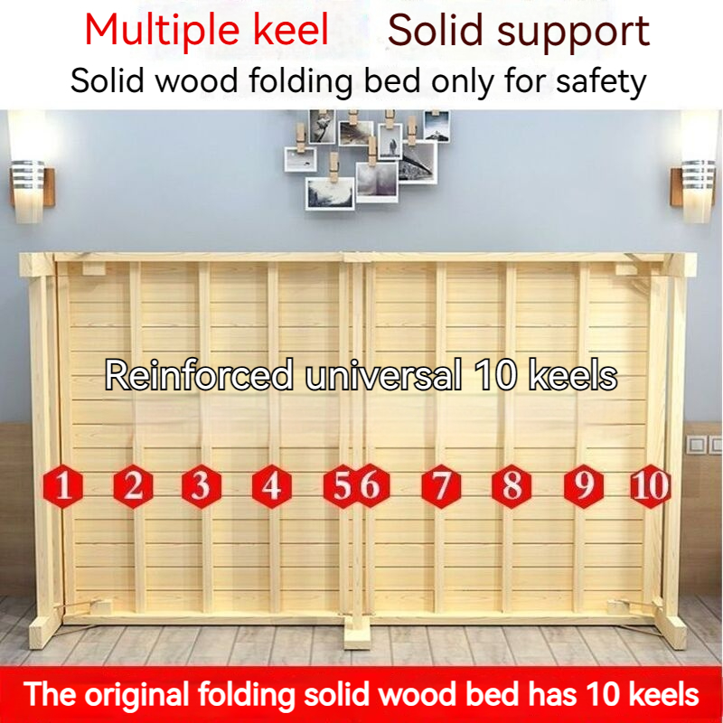 Foldable Bed Frame Solid Wood Bed single person Bed double person Bed, folding bed thickened and reinforced without installation
