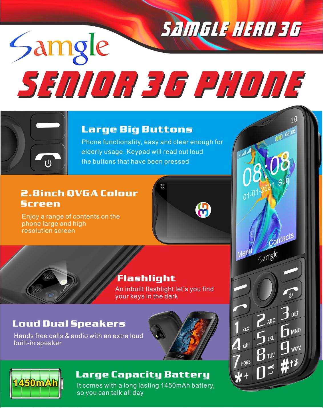 Samgle Hero 3G Senior Phone (Use Standard Sim)(6 Months Local Warranty)