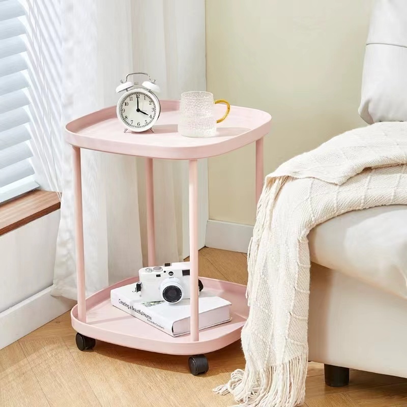 Movable double-layer living room side table 43 x 43 x 54cm storage rack beside table with wheels