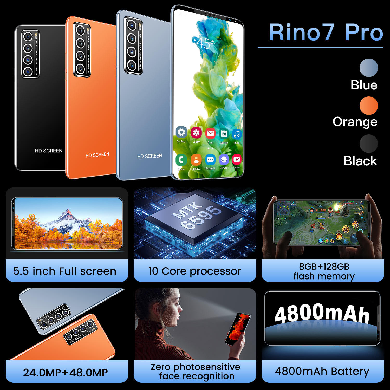 [Hot sale in 2021] 5G cellphone oqqo Rino7 pro 5G smart phone 8GB+128GB 5.5 inch mobile phone 28+48MP 4800mAh large battery mobile phone worldwide 5G LTE 2021 Android 10